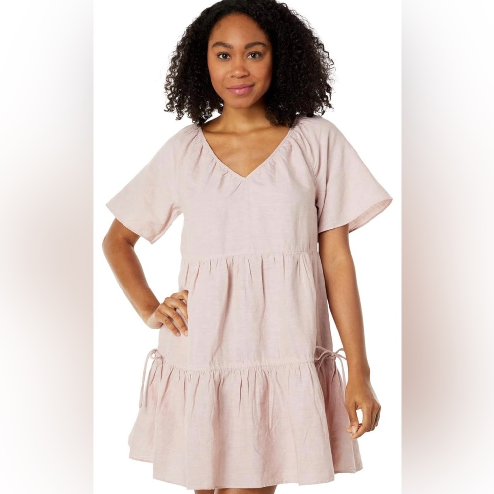 Madewell linen blend Lorelei mini dress in blush pink.